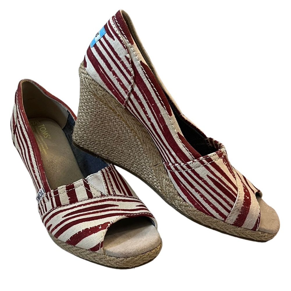 TOMS Calypso Canvas Wedge Espadrille Red/Cream Stripe 7.5 - Picture 7 of 10